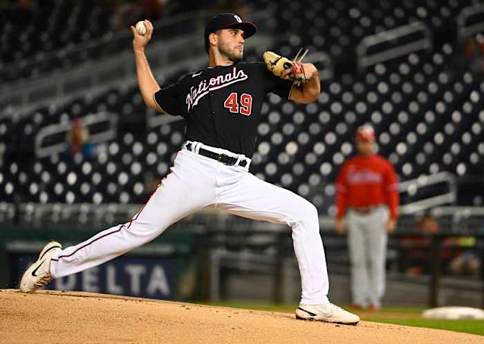 Washington Nationals starting pitcher Tommy Romero throws to the Philadelphia Phillies during the first inning at Nationals Park. (2022)
